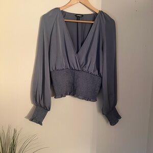 Express Women's Slate Blue Smocked-Waist Wrap Blouse